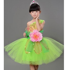 Neon Green and white flower girls kids child children toddlers modern dance spring stage performance costumes outfits